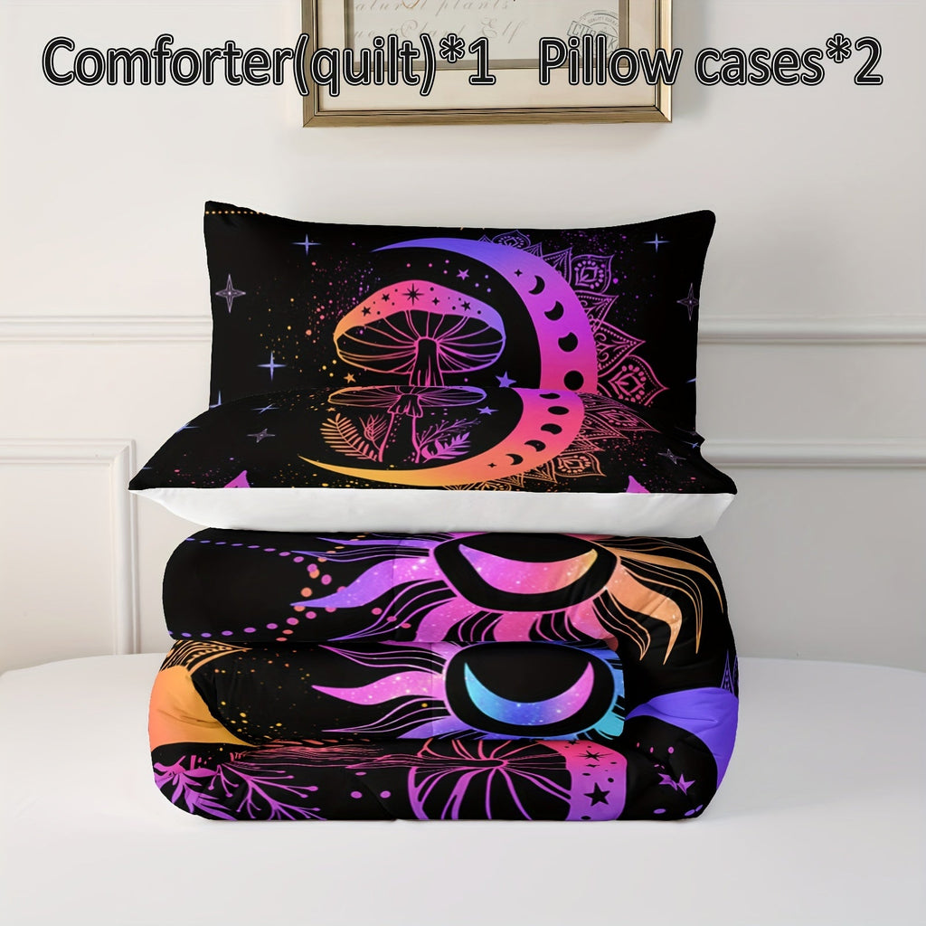 3Pcs Sun And Moon Bedding Set, Mushroom Comforter Set Boho Exotic Style Bedding Set Cosmic Planets, Bohemian Bedding Astrology Comforter For Adults Women, 1 Quilt 2 Pillowcases, Black (Without Core)