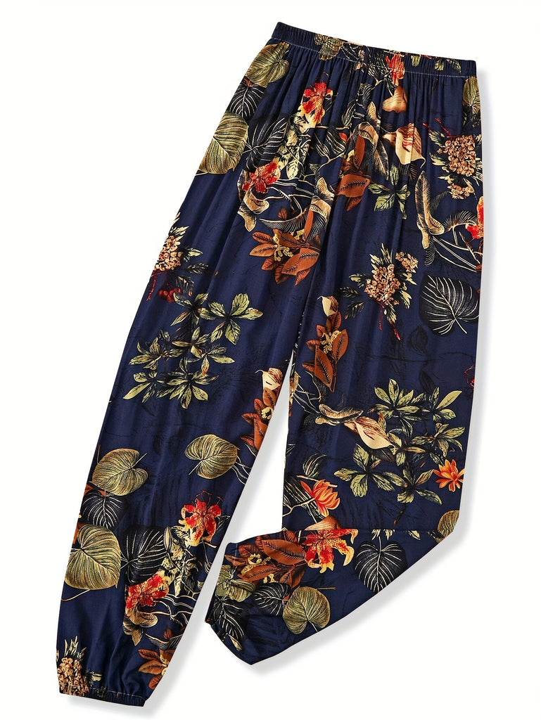 Women's Vacation-Ready Floral Print Joggers - Elastic Waist, Breathable Polyester Blend, Machine Washable