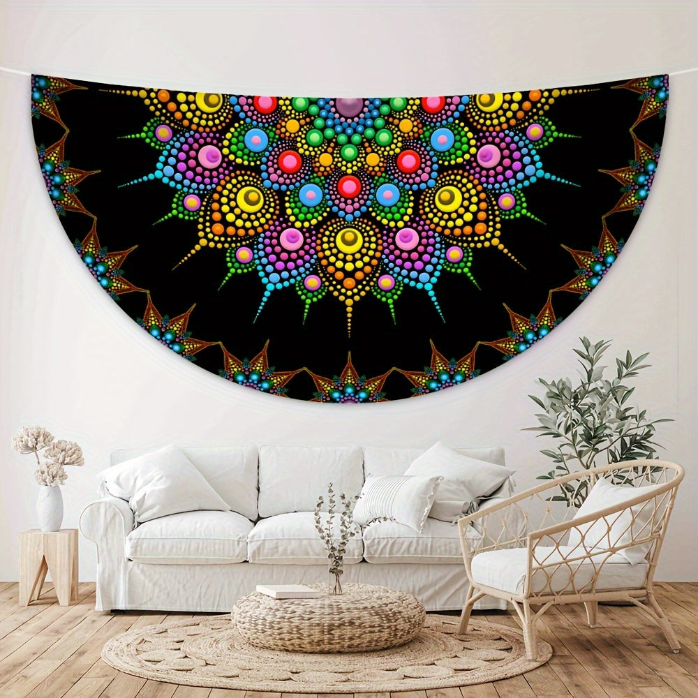 Vibrant Polka Dot Mandala Tablecloth - 63" Round Polyester Table Cover, Machine Woven with Waterproof Weave, Artistic Tapestry Wall Hanging for Indoor Dining, BBQ & Picnic - Psychedelic Colorful Design