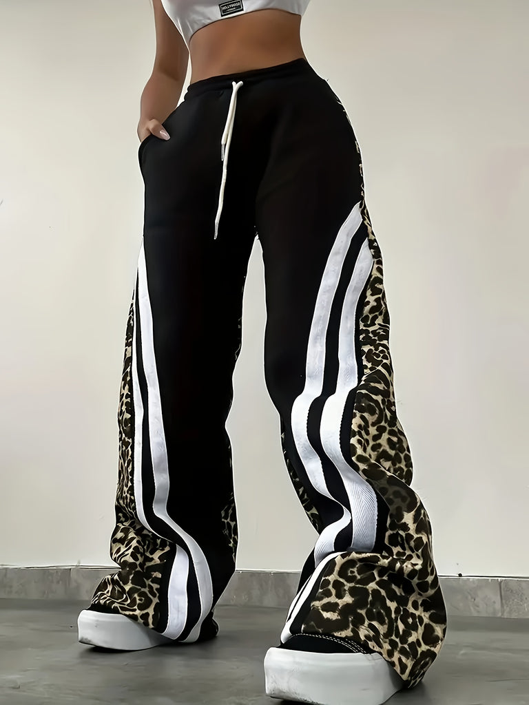 1pc Women'S Leopard Print Joggers, Casual Knit Polyester Straight Leg Sweatpants, All-Season Comfort Fit Pants for Adult