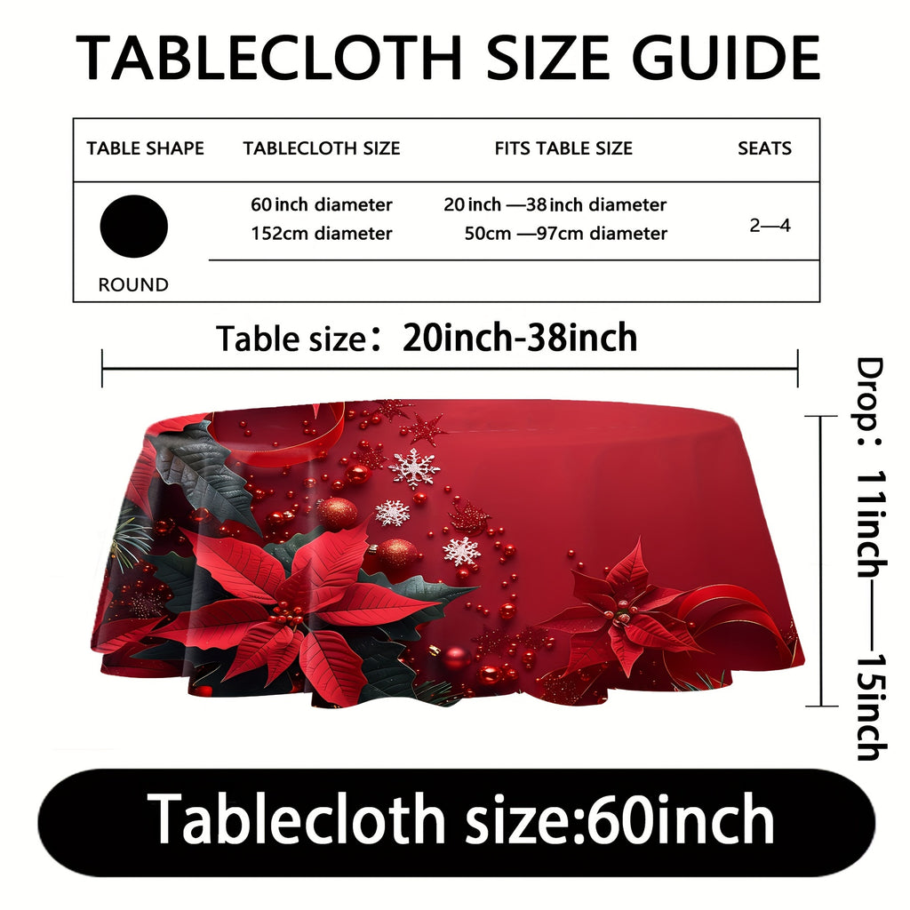 Christmas Round Polyester Tablecloth - 60-inch Festive Digital Print with Poinsettias, Snowflakes, Waterproof, Stain Resistant, Machine Woven Pleated Design, Ideal for Holiday Home Decor & Gifting