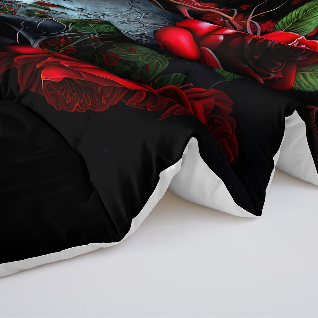 3pcs Goth Skull Print Comforter Set (1 Comforter + 2 Pillowcase Without Pillow Insert) For All Seasons, Microfiber Gothic Red Rose Bedding Set For Halloween Style Bedrooms Decoration