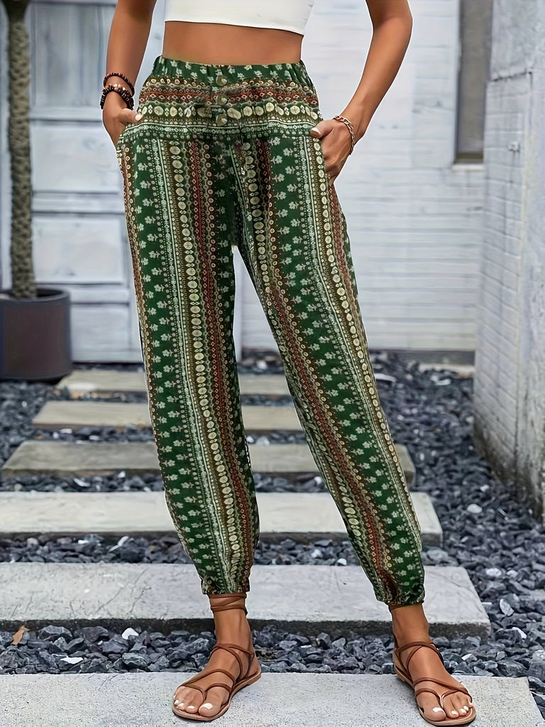 Chic Tribal Print Boho Jogger Pants - Fashionable High Waist, Comfortable Loose Fit with Eye-Catching Buttons - Perfect for Spring & Summer - Womens Bohemian Style Clothing