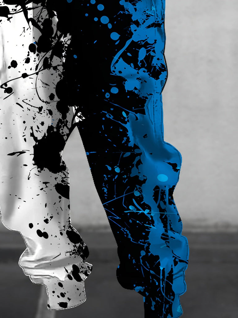 Men's Color Blocking Ink Splashing Print Jogger Pants with Drawstrings, Casual Sports Trousers As Gift