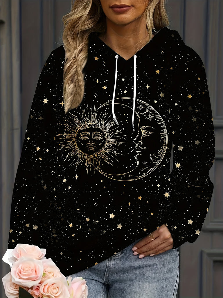 Sun & Moon Print Drawstring Hoodie, Casual Long Sleeve Kangaroo Pocket Sweatshirt For Fall & Winter, Women's Clothing