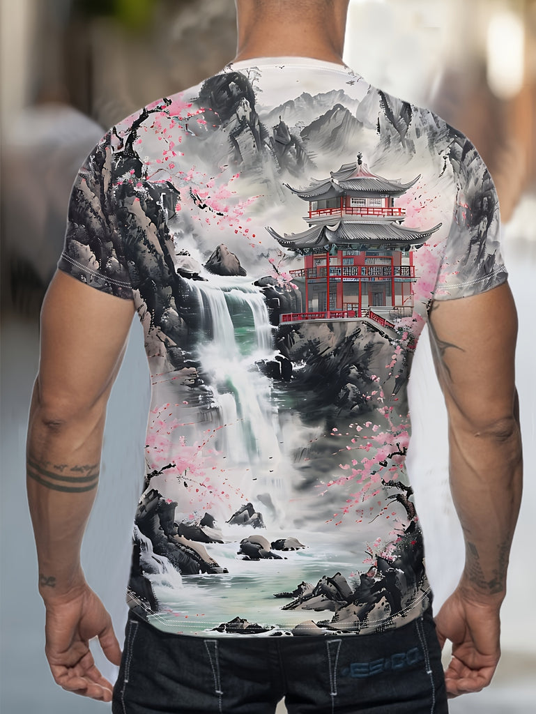 Men's Round Neck Short Sleeve Casual Sports T-shirt with Landscape Pavilion Print