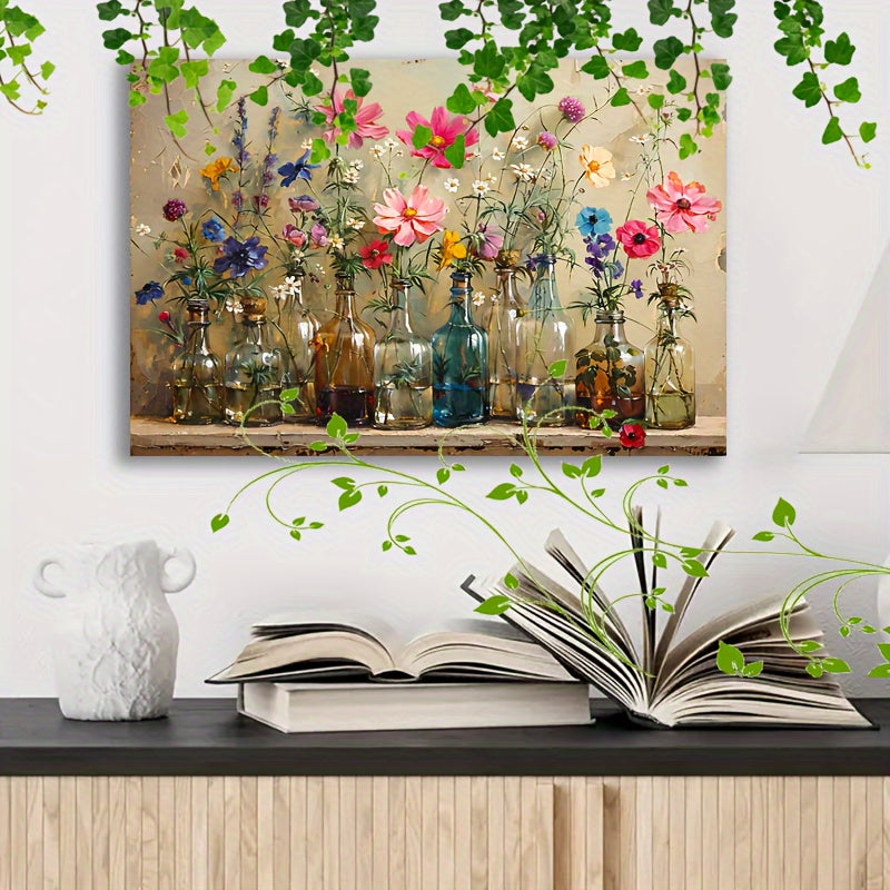 1pc Wooden Framed Canvas Painting Prints Colorful Flowers In Different Clear Glass Vases Suitable For Living Room Bedroom Bathroom Kitchen Decor, Wooden Framed Artwork Easy To Hang