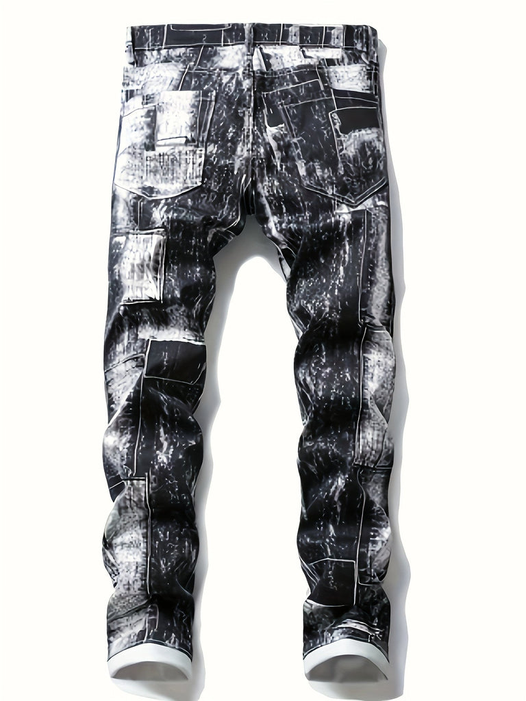 Men's Creative Pattern Print Denim Pants For Males, Trend Leisure Jeans