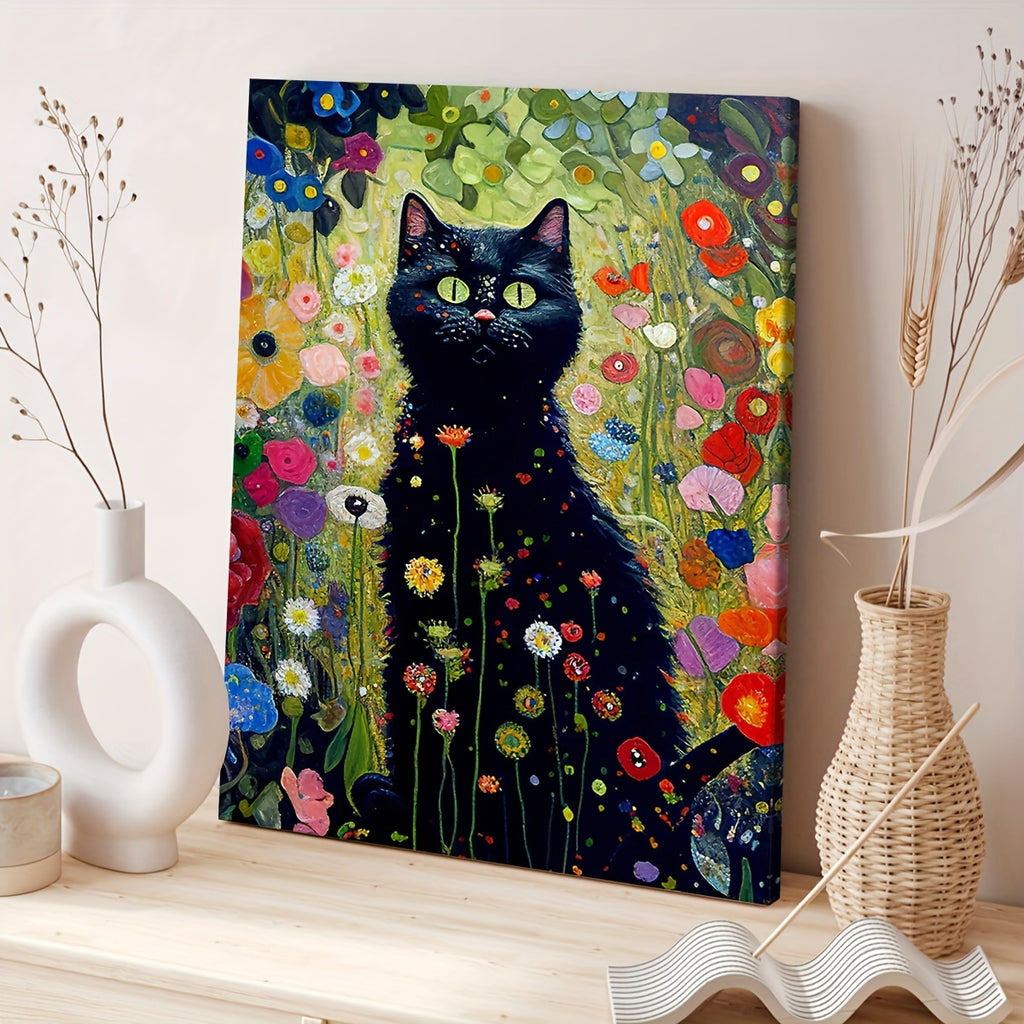 Gustave Klimt-Inspired Garden Cat Canvas Art - Waterproof, Framed Wooden Wall Decor for Living Room, Bedroom, Office & More