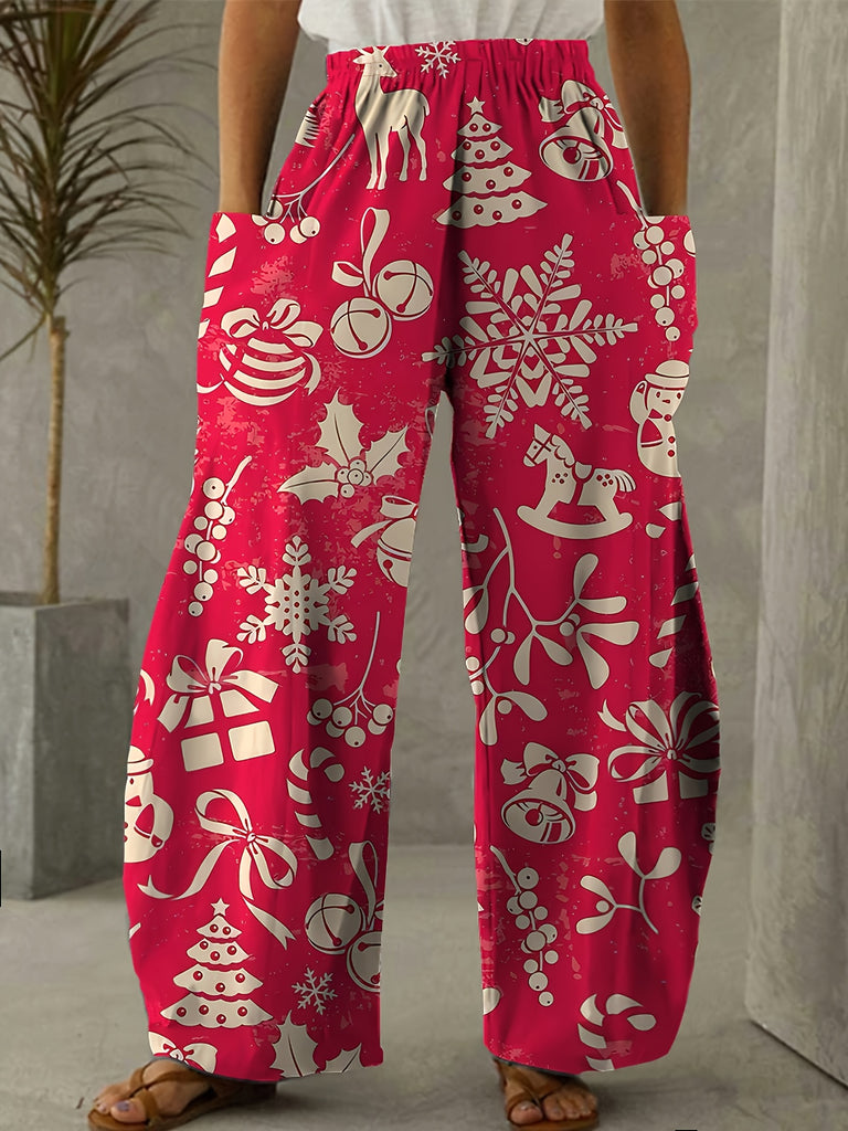 Cozy Christmas Allover Print Baggy Pants - Women's Loose-Fit Elastic Waist Casual Pants with Dual Pockets - Festive Holiday Wear for Comfortable Daily Life