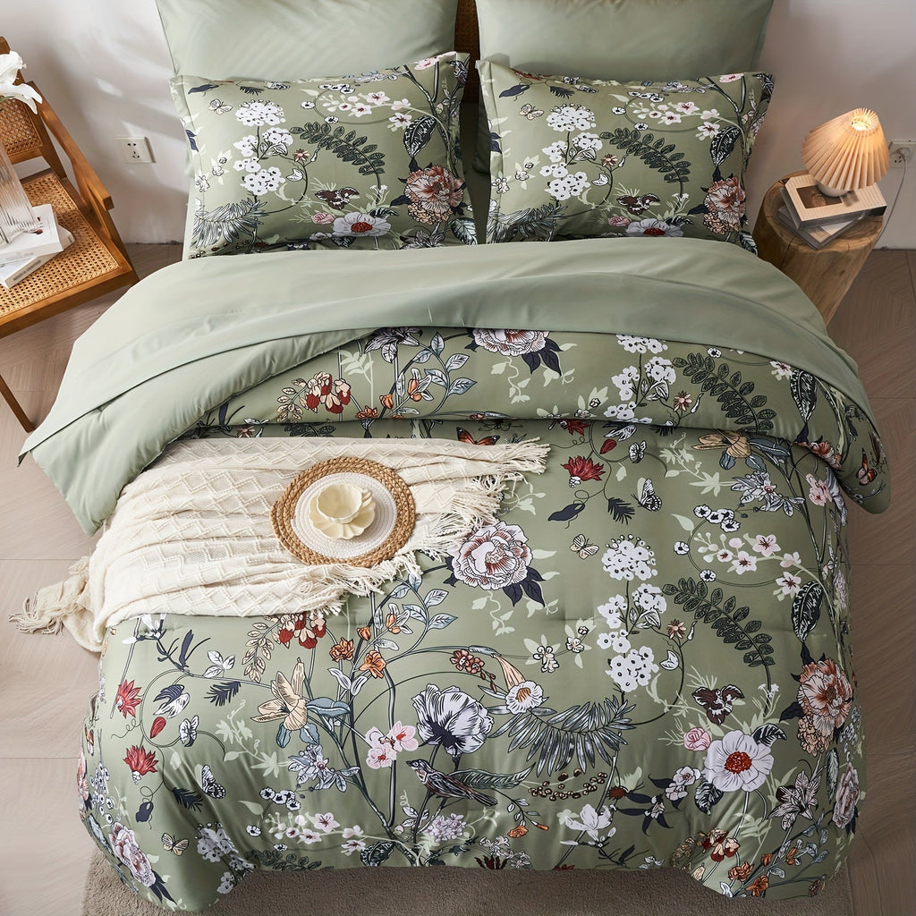 7 Pcs Green Butterfly Floral Comforter Set With Flowers Leaves Pattern- Stain Resistant, Ultra Soft Microfiber, Lightweight, Woven Bedding With 100% Polyester Fiber Fill - Queen/King Size Bed In A Bag For All Seasons