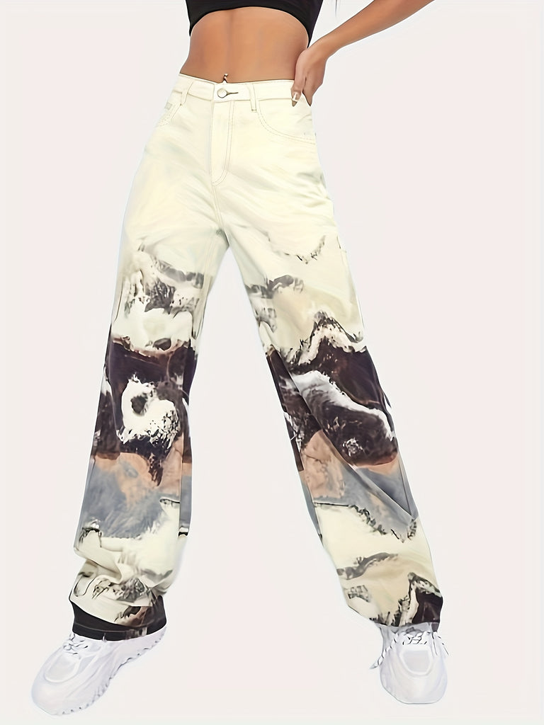 Mountain & Cloud Landscape Print Denim Pants, Wide Legs Straight Legs Loose Fit High Waist Boyfriends Jeans, Women's Denim Jeans & Clothing