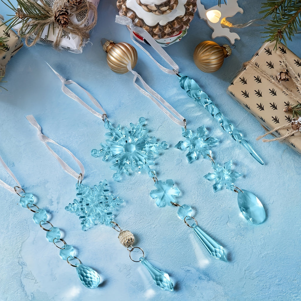 18pcs Christmas Ornament Set - Acrylic Snowflakes & Icicles with Crystal Pendants, Shimmering Light Blue, No Power Needed - Perfect for Tree Decoration, Holiday Parties & Seasonal Celebrations