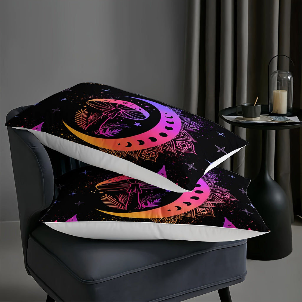 3Pcs Sun And Moon Bedding Set, Mushroom Comforter Set Boho Exotic Style Bedding Set Cosmic Planets, Bohemian Bedding Astrology Comforter For Adults Women, 1 Quilt 2 Pillowcases, Black