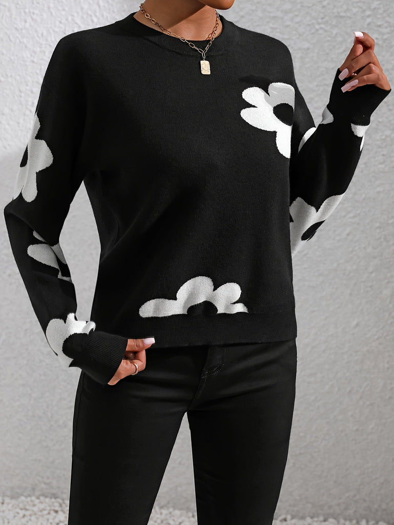 Floral Pattern Crew Neck Sweater, Casual Long Sleeve Sweater For Fall & Winter, Women's Clothing
