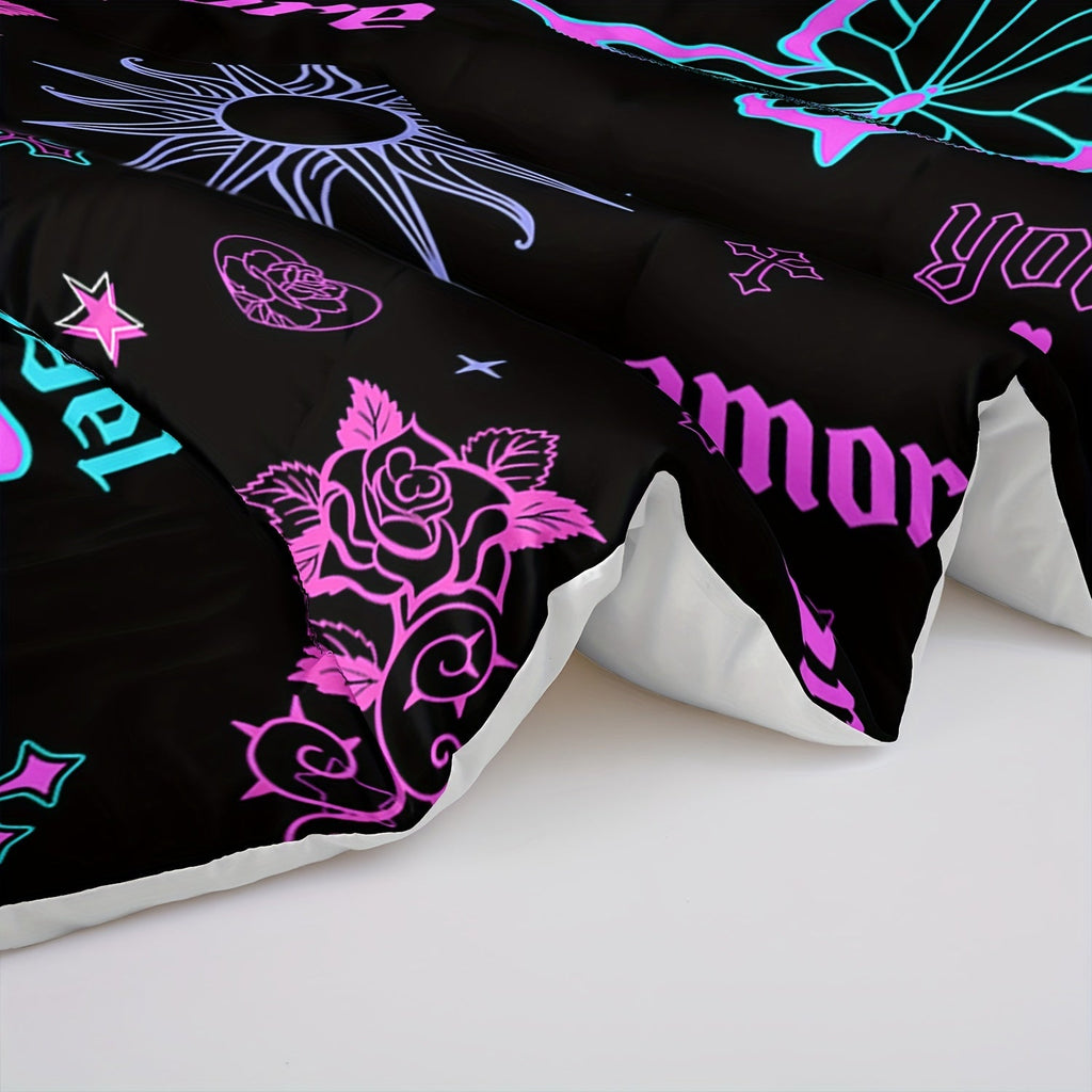 Butterfly Comforter Set Purple Rose Printed Bedding Sun Galaxy Comforter 3 Piece Set (1 Bed Comforter + 2 Pillow Cases), Comforter For All Seasons, Soft Comfortable And Breathable Printed Bedding For Home Dorm Decoration