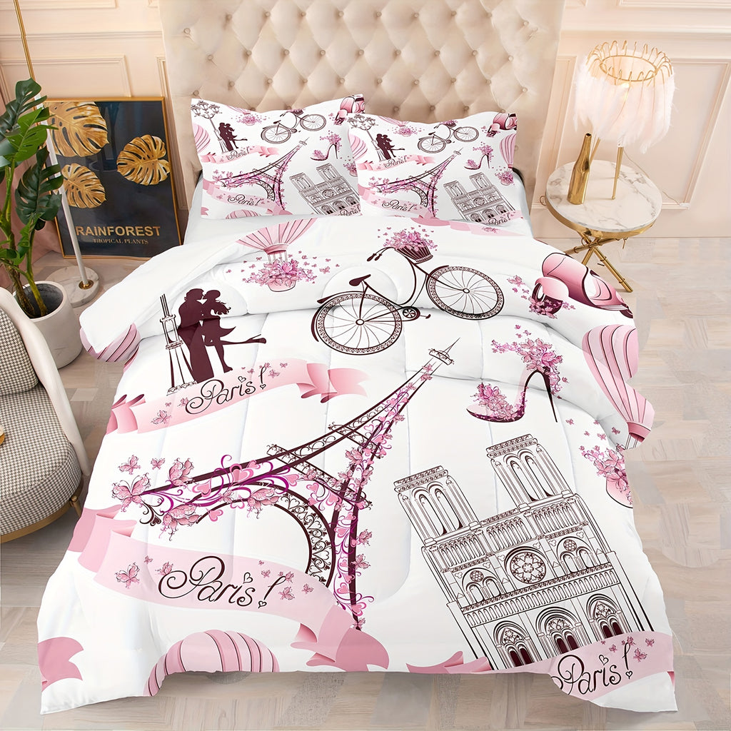 2/3pcs Modern Romantic Comforter Set, Couple Flower Eiffel Tower Print Bedding Set, Soft Comfortable And Skin-friendly Comforter For Bedroom, Guest Room (1*Comforter + 1/2*Pillowcase, Without Core)