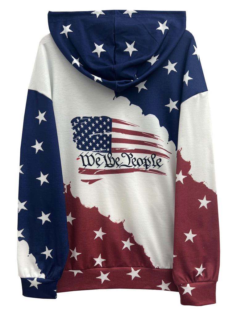 American Flag Print Drawstring Hoodie, Casual Long Sleeve Kangaroo Pocket Sweatshirt, Women's Clothing