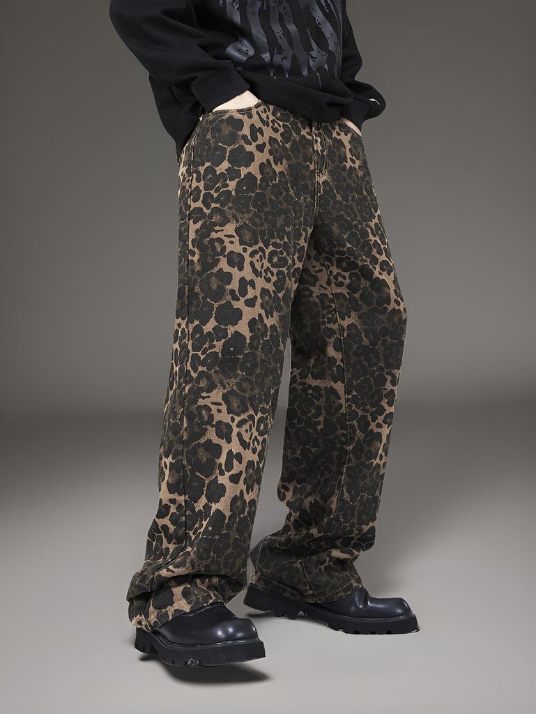 YASUYUAN Men's Leopard Print Denim Jeans - Casual, Loose-Fit Wide Leg Pants with Slant Pockets, Machine Washable