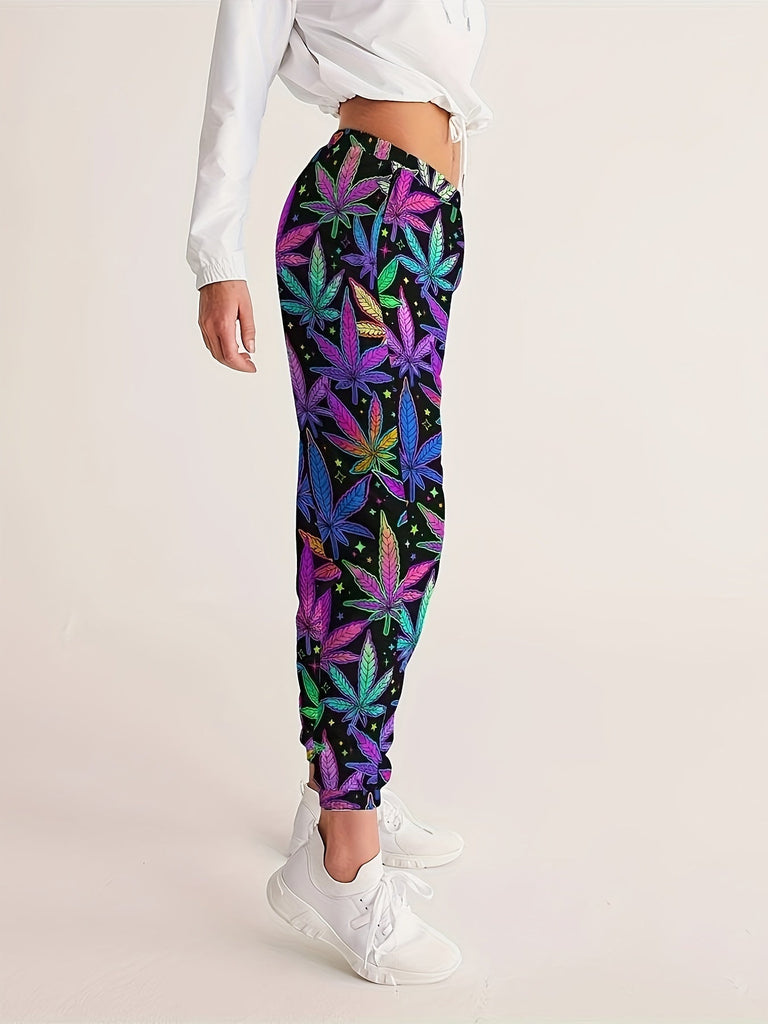 Leaf Print Jogger Pants, Casual Elastic Waist Pants For Spring & Summer - Women's Clothing - Soft & Breathable Fabric - Perfect for Loungewear & Outdoor Activities - Ideal Gift for Fashionable Women