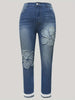 Plus Size Floral Patchwork Lace Contrast Hem Coquette Aesthetic Denim Pants, Women's Denim Jeans & Clothing