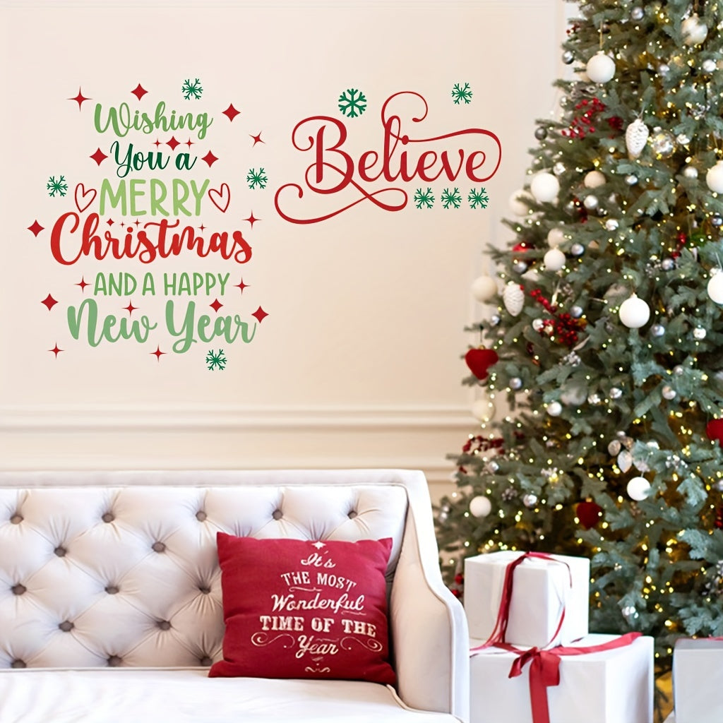 Happy New Year & Believe Quote Christmas Wall Decals - Removable Tree Stickers for Festive Home & Window Decor, Matte Finish PVC