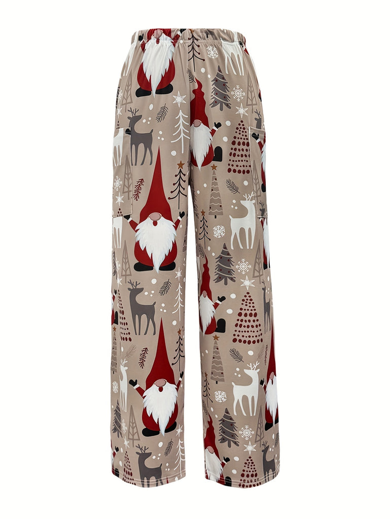 Women's Festive Christmas Santa Claus Print Loose-Fit Pants with Pockets - Comfy Polyester Blend, Machine Washable