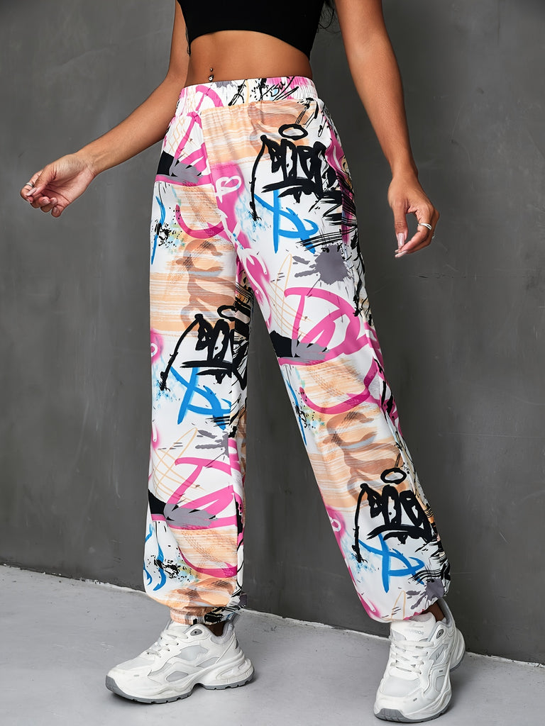 Graffiti Print Fitted Bottom Joggers, Casual High Waist Pants For Spring & Fall, Women's Clothing