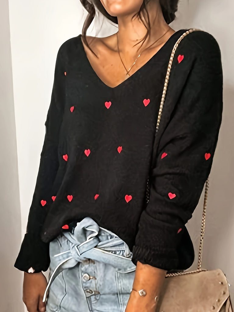 Valentine's Day Heart Print Sweater, Casual V Neck Long Sleeve Sweater For Fall & Winter, Women's Clothing