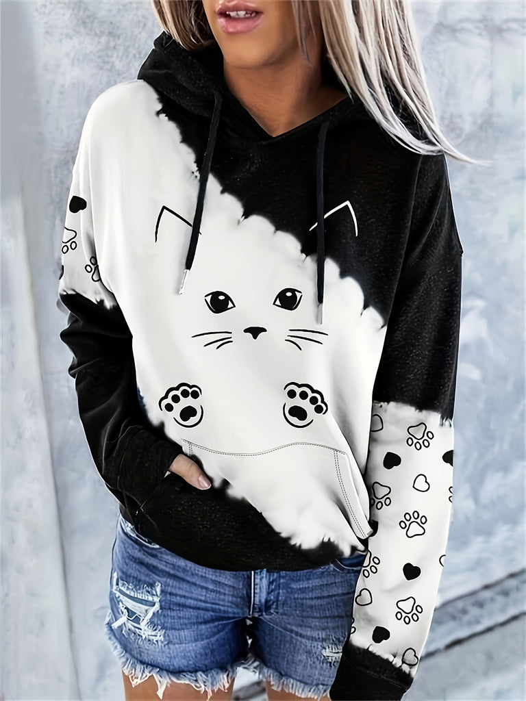 Plus Size Cat Print Drawstring Hoodie, Casual Color Block Long Sleeve Hoodie For Fall & Winter, Women's Plus Size Clothing