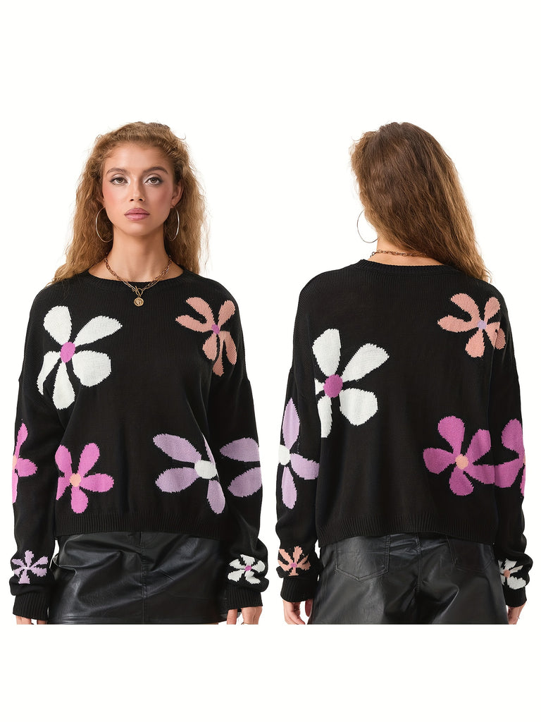 Women's Casual Floral Print Sweaters Long Sleeve Crew Neckline Drop Shoulder Loose Knit Pullover Tops