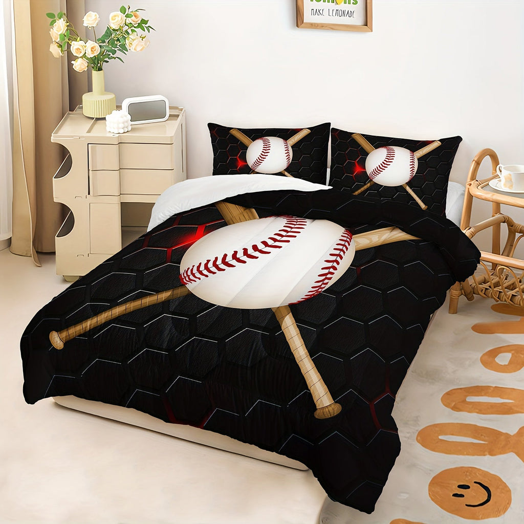 3Pcs Modern Fashion Polyester Comforter Set (1 * Comforter + 2 * Pillowcases, Core Not Included), Sports Theme Baseball Honeycomb Print Bedding Set, Soft And Comfortable Skin-friendly Comforter For Bedroom, Guest Room.
