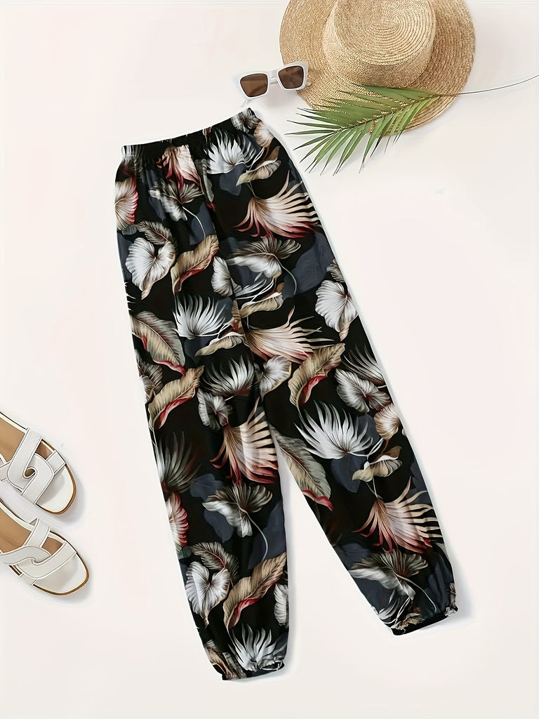 Tropical Print Elastic Waist Vacation Pants, Elegant Loose Fit Jogger Pants For Spring & Summer, Women's Clothing