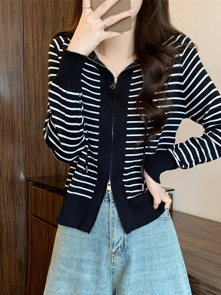 Women's Striped Hooded Knit Sweater Cardigan, Viscose, Korean Style, Zippered, Long Sleeve, Winter Casual Loose Fit Top