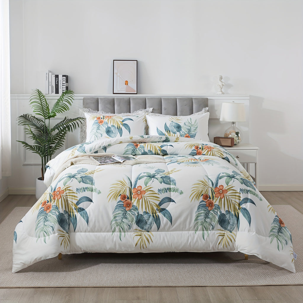 3Pcs 100% Cotton Tropical Style Floral Palm Leaf Print Summer Comforter Set, Soft Aesthetic Plant Pattern Thin White Down Alternative Comforter Beddings, Lightweight Garden Theme Modern Bed Sets, Twin Queen King, (1 Comforter + 2 Pillowcases)