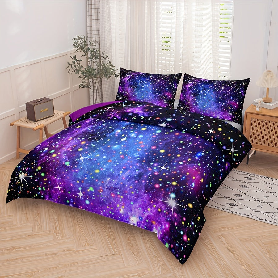 2/3PCS Comforter Sets For Teen Girls, Purple Blue Galaxy Glitter Bedding Set For All Season, Purple Bedding Sets