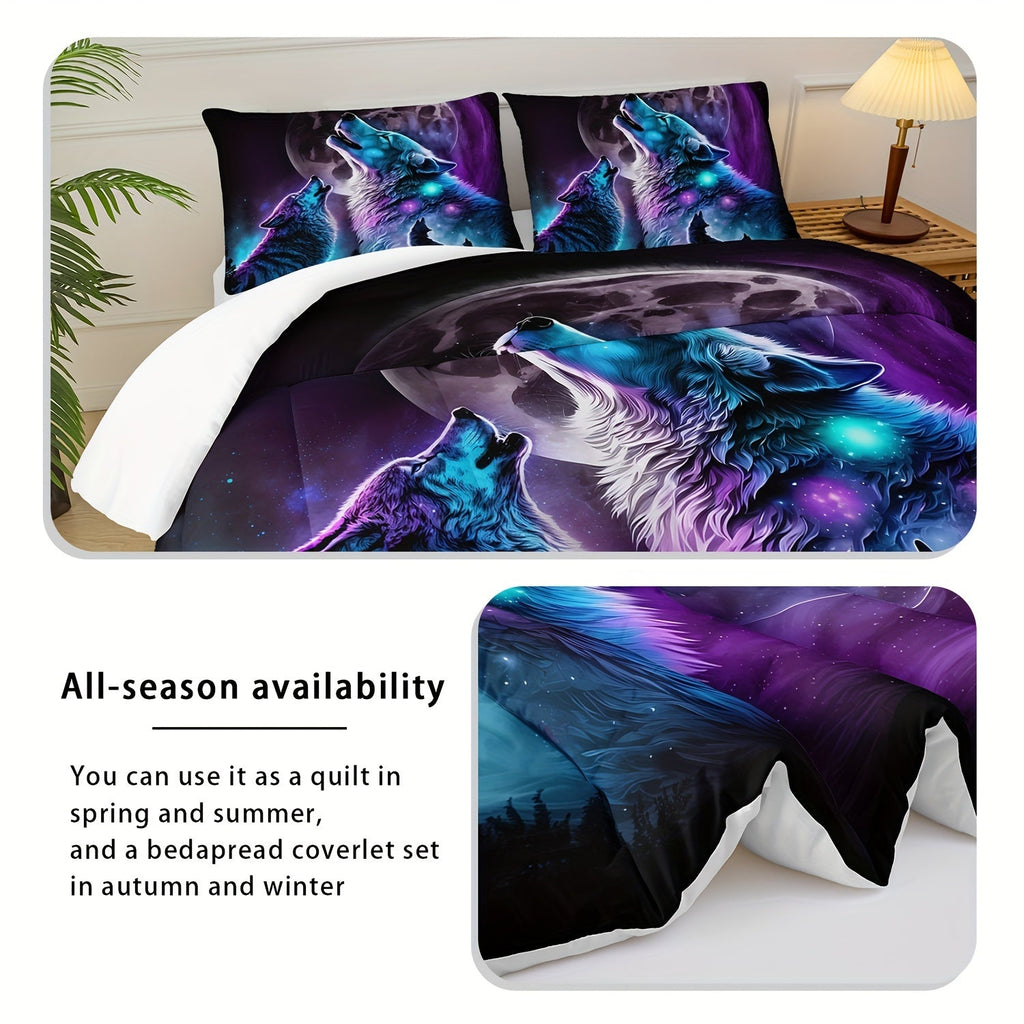 Wolf Comforter Set Wildlife Bedding Star System Comforter 3-Piece Set (1 Bed Comforter + 2 Pillow Cases), Comforter For All Seasons, Soft, Comfortable, Breathable Printed Bedding For Home Dorm Decoration
