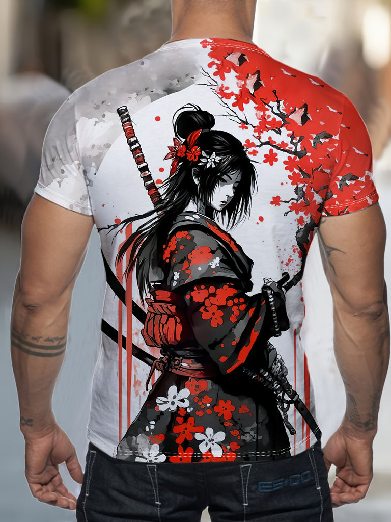 Stylish Samurai Print Short Sleeve T-shirt, Men's Trendy Crew Neck Top For Summer Sport & Casual Wear