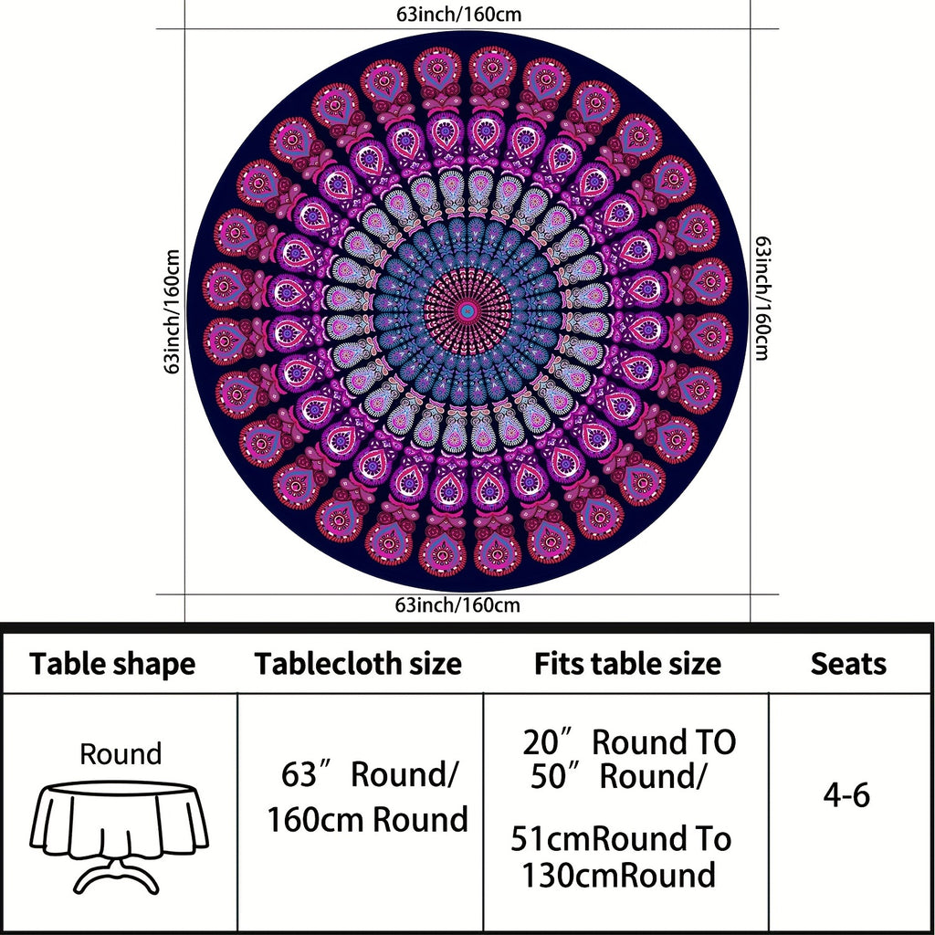 1pc Vibrant Round Mandala Tablecloth - 63 Inch Stain Resistant, Absorbent, and Wrinkle-Free Circle Table Cover with Boho Ethnic Style for Home Kitchen Dining Party Patio Indoor and Outdoor Use, Room Decor, Scene Decor, Easy Care, and Durable