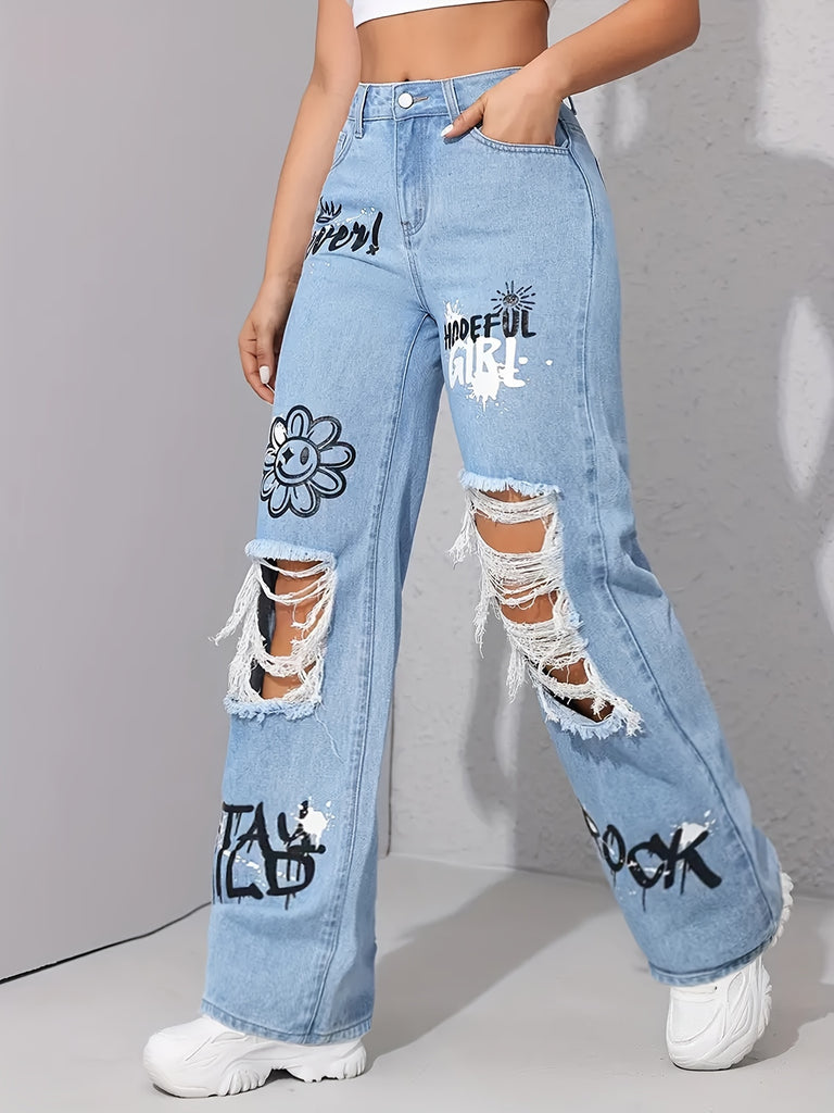 Women's High-Waist Distressed Cartoon Print Straight-Leg Jeans - Ripped Denim with Graffiti Art, Non-Stretch Cotton Blend, Machine Washable, Casual Style for Spring/Summer/Fall