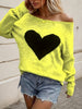 Elegant Heart Pattern Long Sleeve Sweater - Crew Neck, Stretchy Polyester Pullover for Women