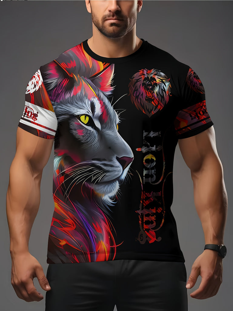 Lion Wolf Print Gradient Round Neck Short Sleeve Men's T-shirt, Casual Summer T-shirts Suitable For Daily Wear And Resort Tee