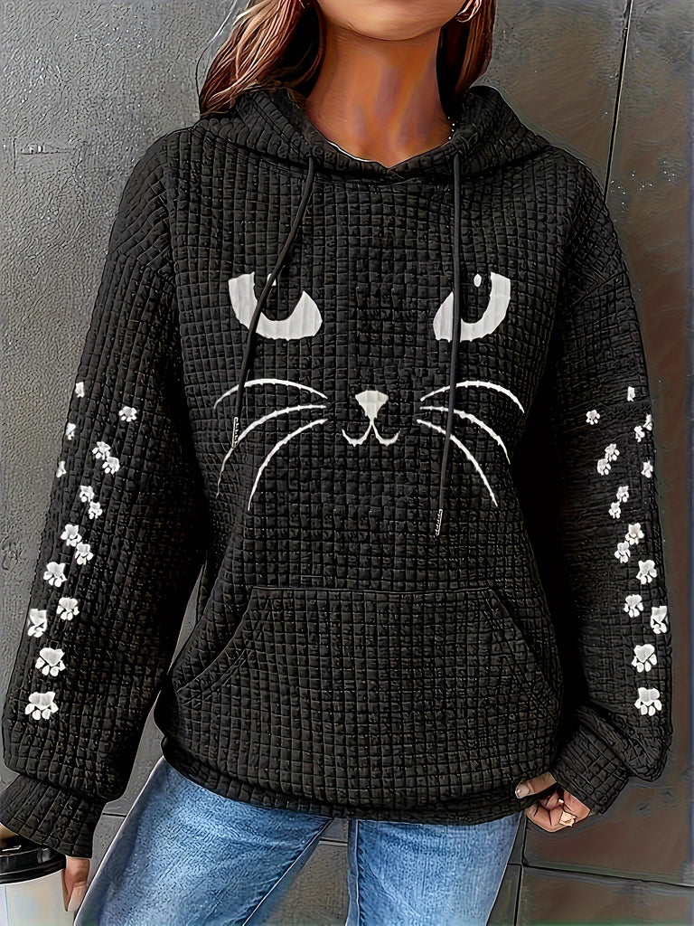 Plus Size Cat Face Print Drawstring Waffle Hoodie, Casual Long Sleeve Sweatshirt For Fall & Winter, Women's Plus Size Clothing