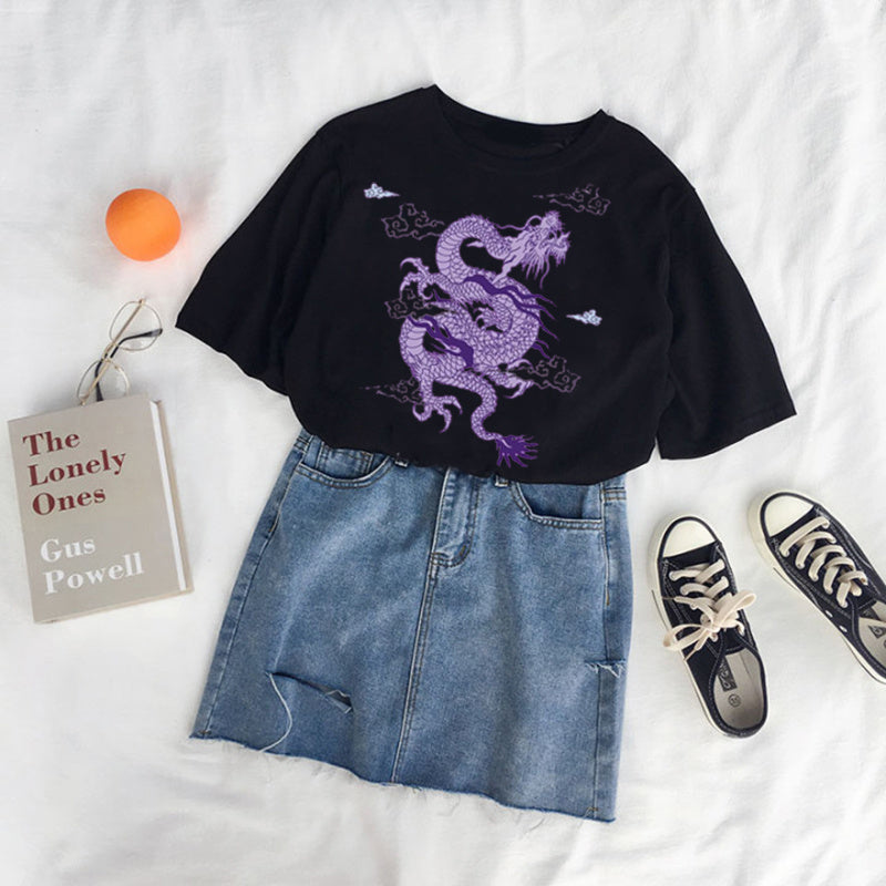 Casual Dragon Print Ladies Blouse Short Sleeve