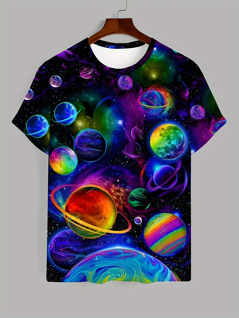 Men's Colorful Cosmic Planet Pattern Printed T-shirt - Lightweight Short sleeved Round Neck, Perfect for Outdoor Adventures and Daily Style