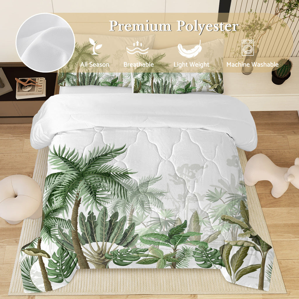 3pcs Tropical Botanical Comforter Set, Quilted Polyester Bedding with 2 Pillowcases, All-Season Breathable & Lightweight, Machine Washable, Digital Print, Stain Resistant