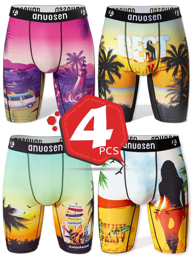 4pcs Men's Quick-Dry Athletic Boxer Briefs - Breathable, Moisture-Wicking with Tropical & Beach Print, Extended Length for Running & Casual Wear