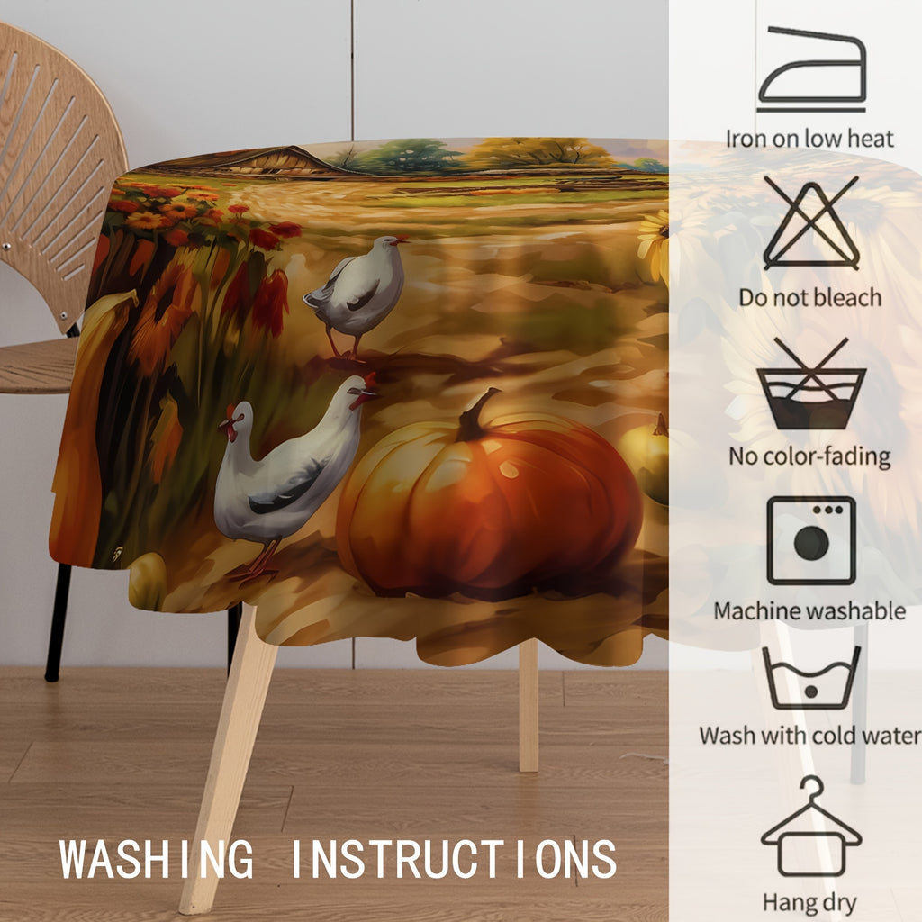 Autumn Harvest Round Tablecloth - Pumpkin, Sunflower & Leaves Design | Stain & Waterproof Polyester Cover for Parties, Home Kitchens & Outdoor Events, for Thanksgiving, Autumn