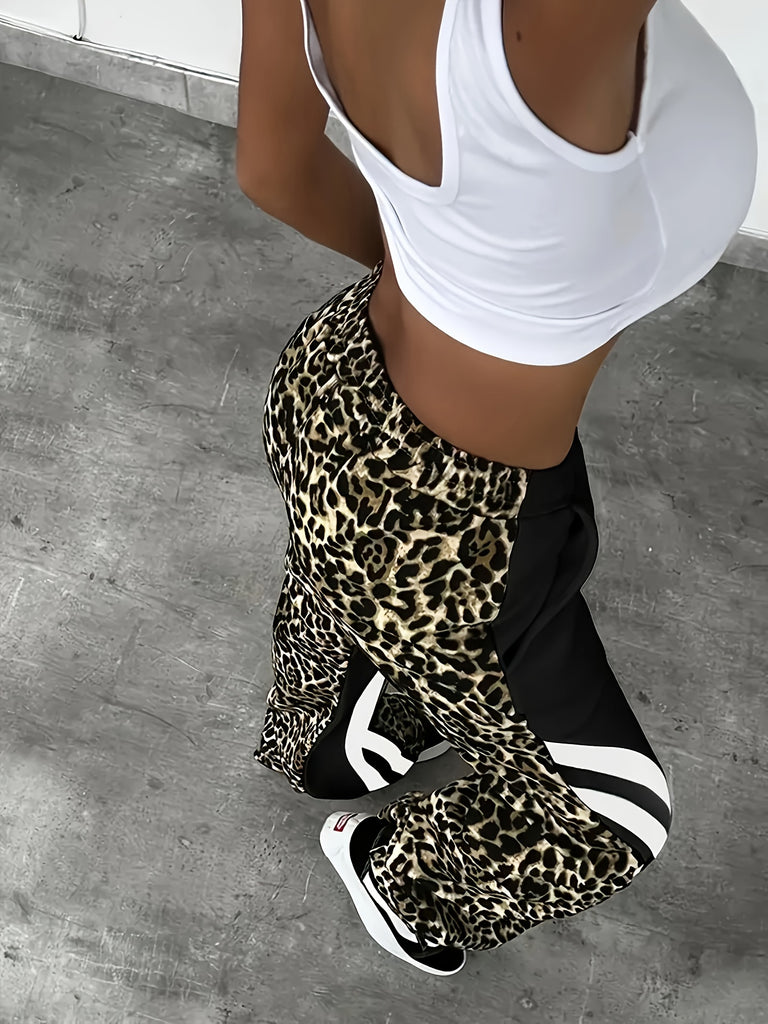 1pc Women'S Leopard Print Joggers, Casual Knit Polyester Straight Leg Sweatpants, All-Season Comfort Fit Pants for Adult