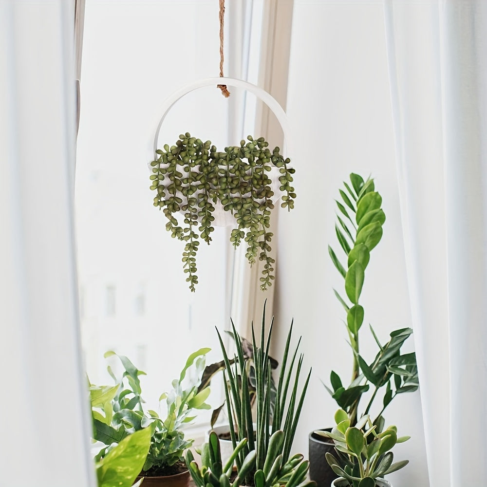 Charming Faux Succulent Wall Hanging - Artificial String of Pearls with Wooden Planter & Lanyard for Indoor/Outdoor Boho Decor